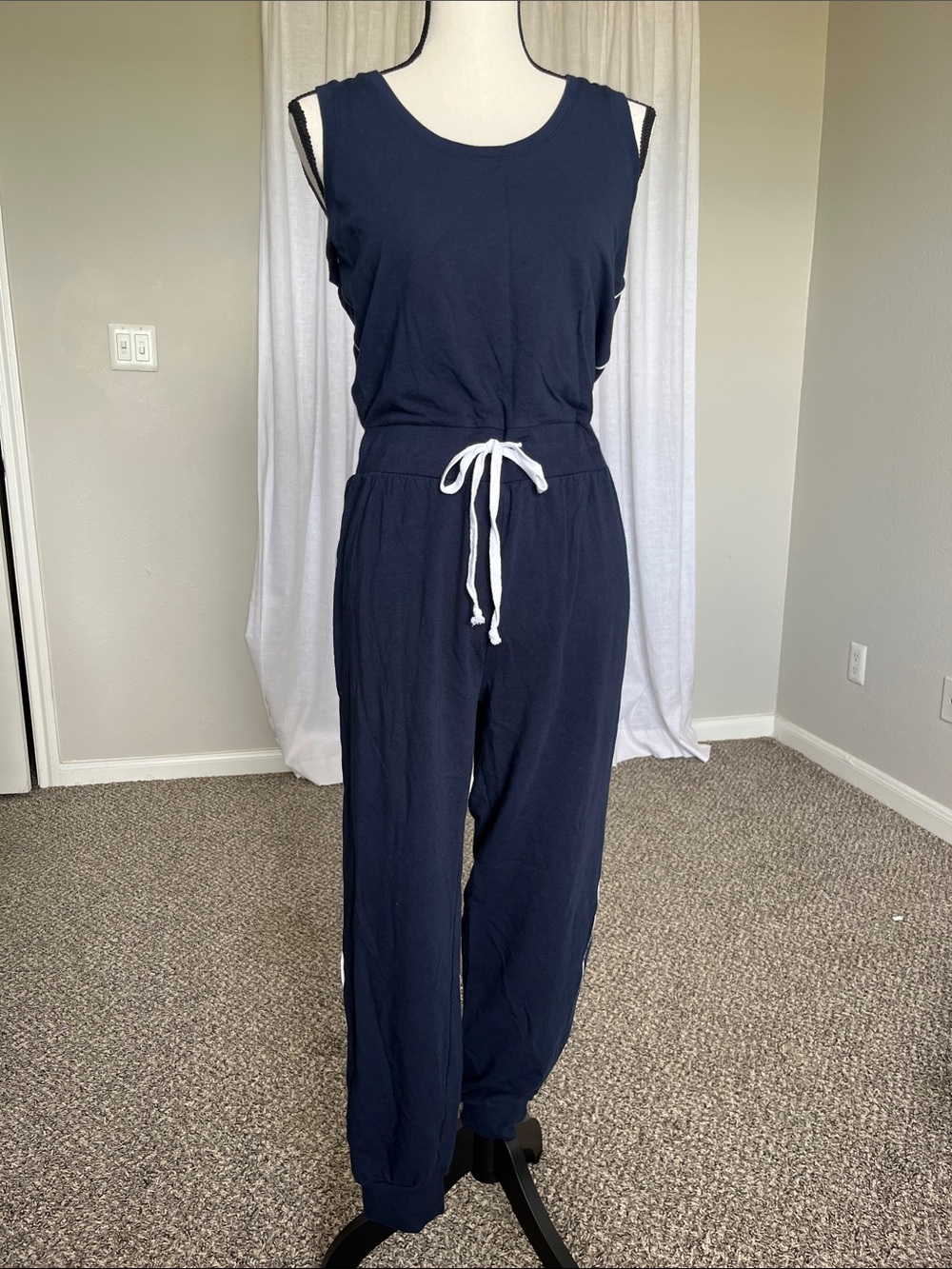 Cotton Modal Blend Navy White Stripe Casual Drawstring Jumpsuit Romper Size M